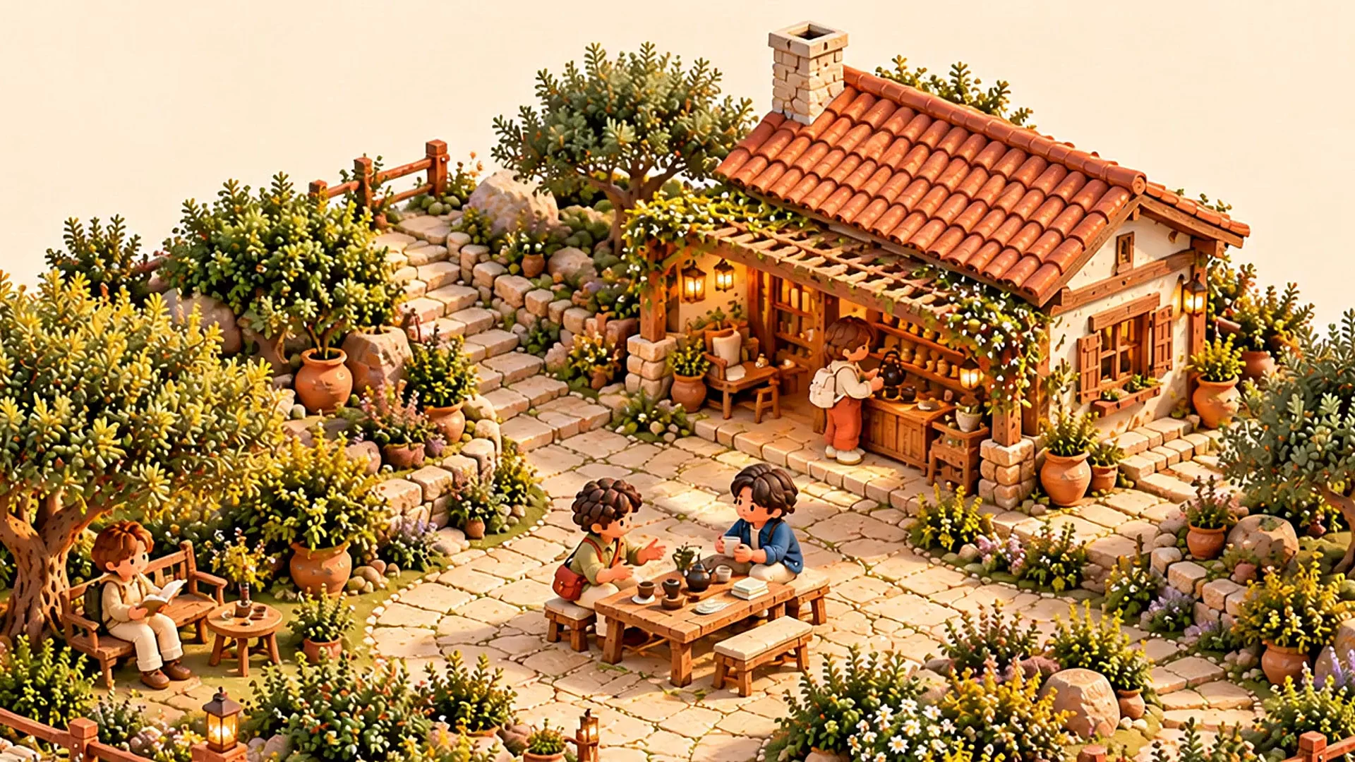 A courtyard with a complete tiled-roof house and two people talking together over tea.