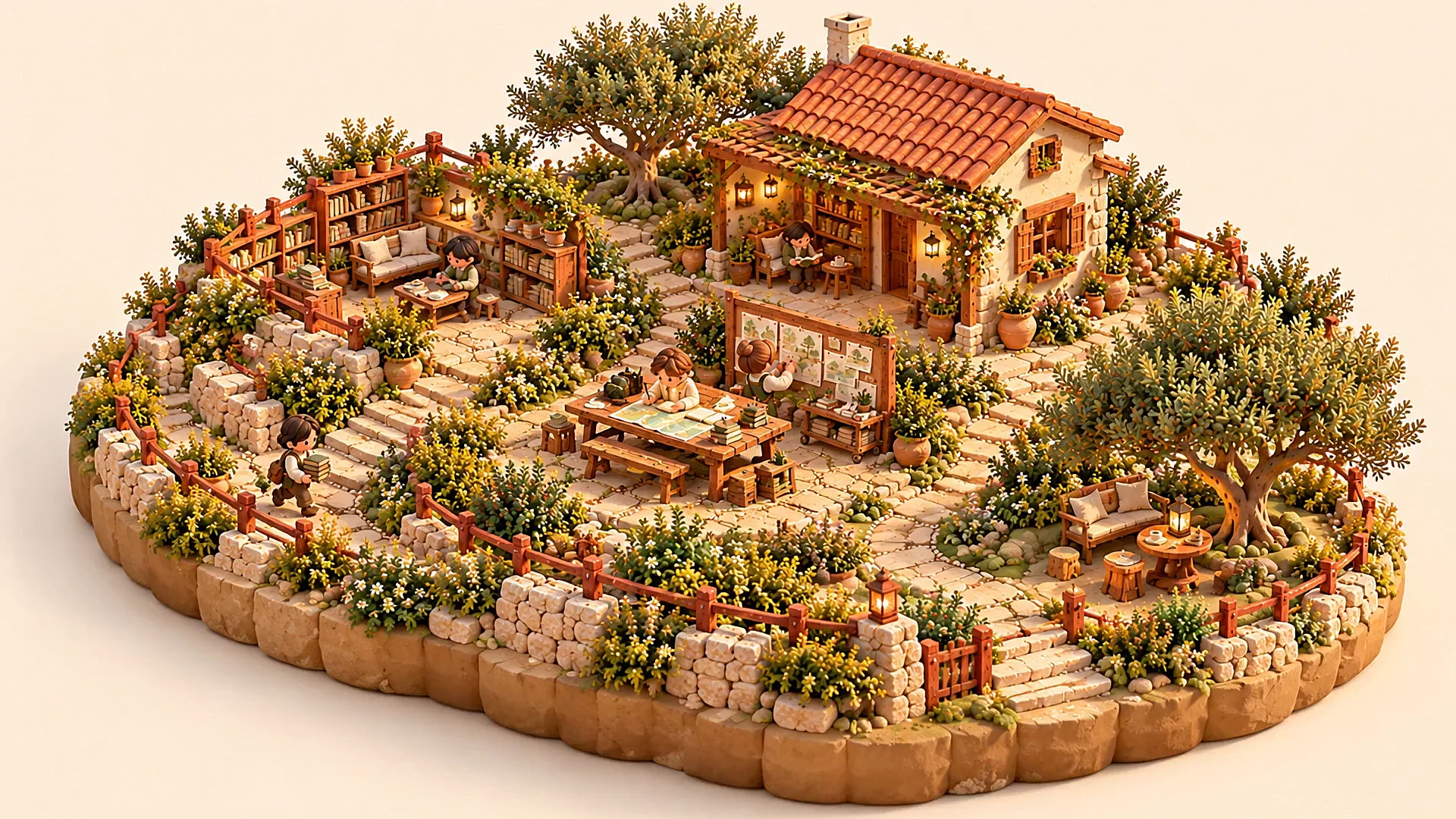 A garden library with a tiled-roof reading room, bookshelves, a writing table and winding paths.