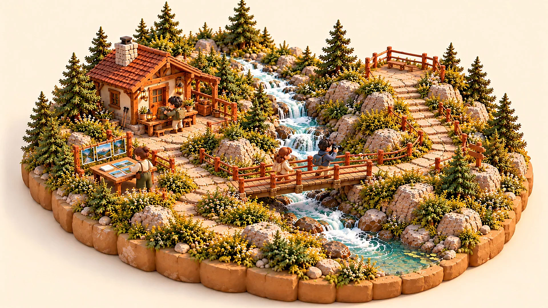 A miniature woodland cabin, cascading stream and footbridge, with a photographer looking through a camera.