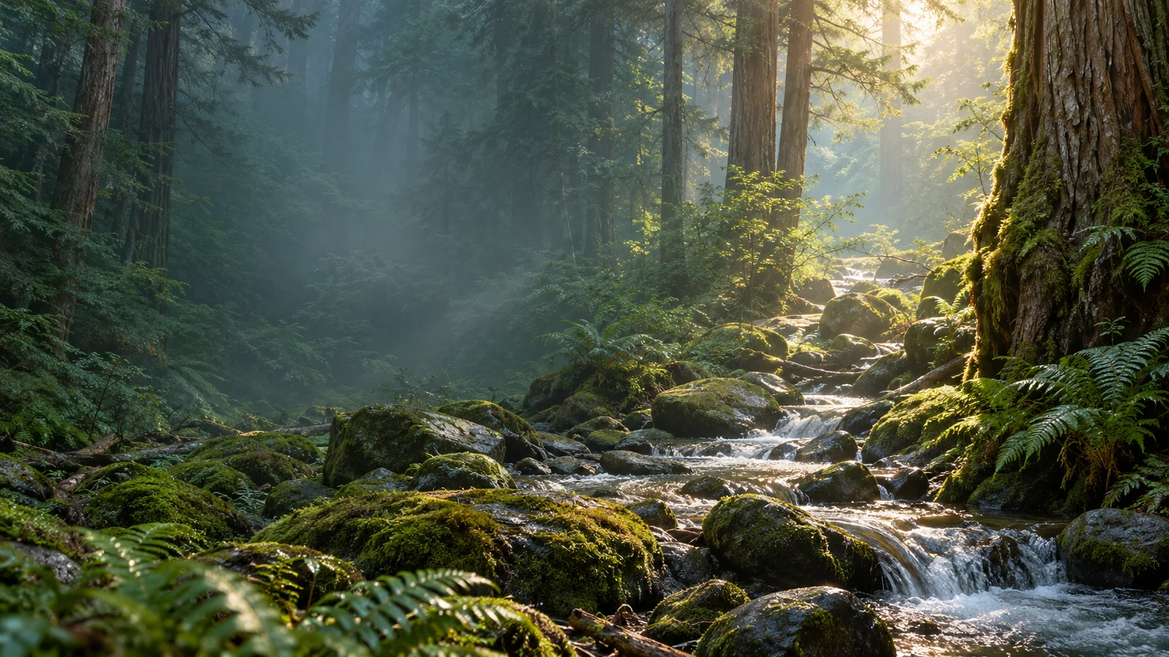 A stream among mossy forest rocks, illuminated by morning sunlight.